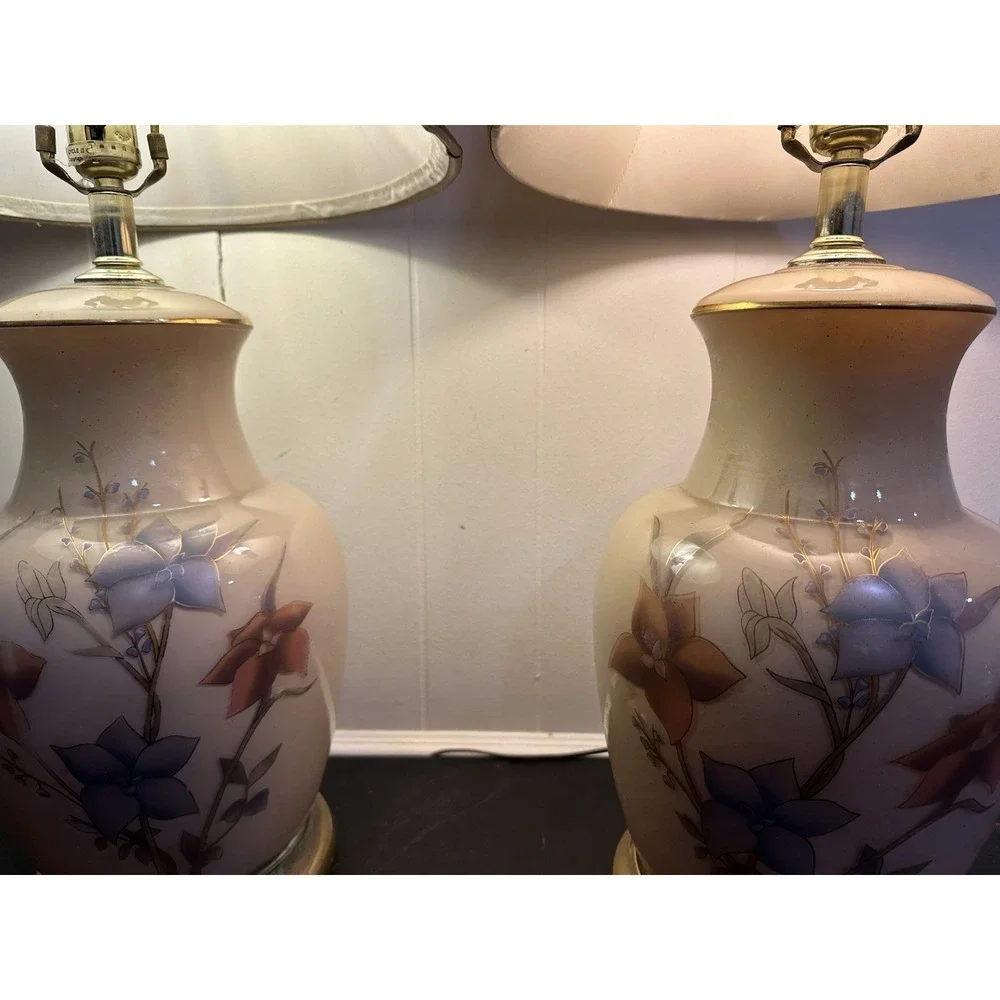 Vintage Floral Ginger Jar Table Lamps Matching Pair Brass Base Asian Style 28.5